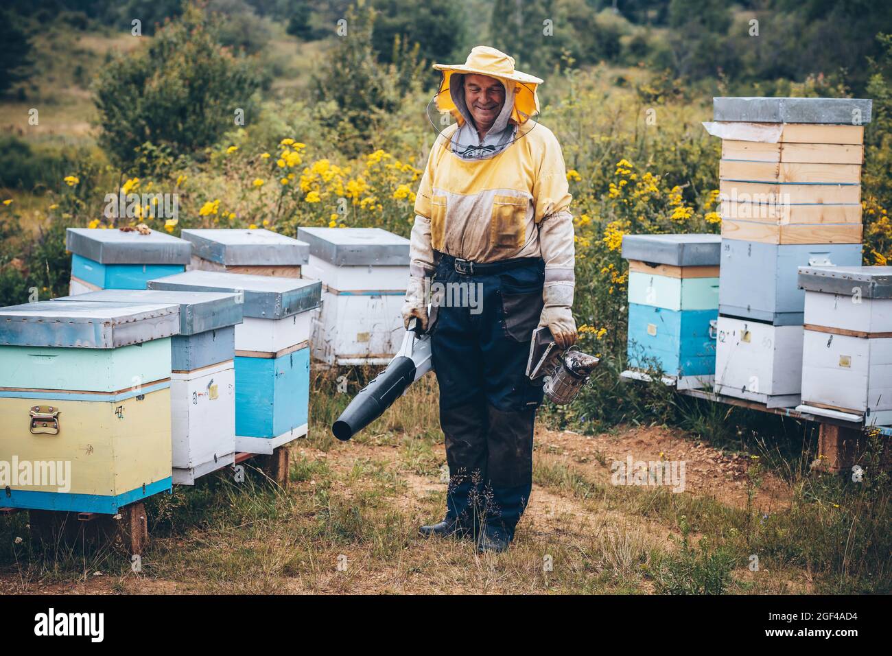 Imker in Schutzkleidung arbeiten in seinem Bienenhaus. Bienenzuchtkonzept Stockfoto