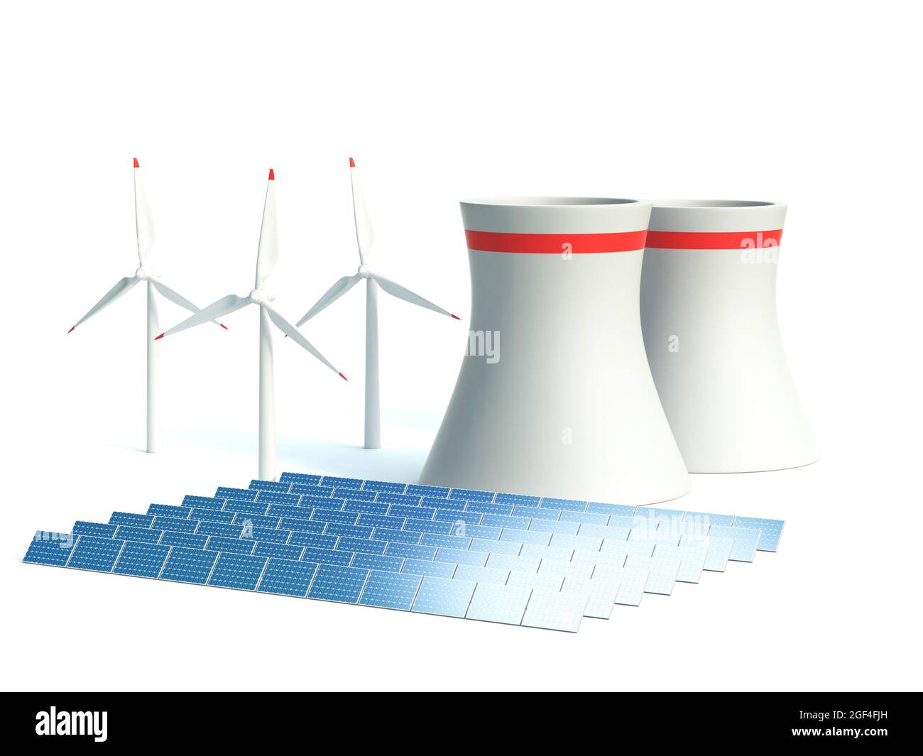 Alternative Energy 3d Konzept - Windkraftanlage Kernkraftwerk und Sonnenkollektoren vor weißem Hintergrund 3d-Rendering Stockfoto