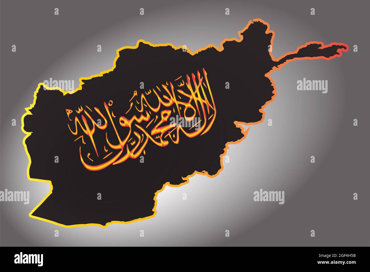 Kalligrafische Schreibweise der Taliban Shahada der Islamischen Republik Afghanistan auf einer Übersichtskarte. Die Inschrift auf schwarzem Hintergrund. Stockfoto