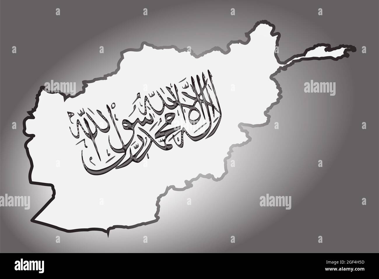 Flagge der Islamischen Republik Afghanistan auf einer Übersichtskarte. Flagge in Form einer kalligraphisch geschriebenen Taliban Shahada auf weißem Hintergrund Stockfoto