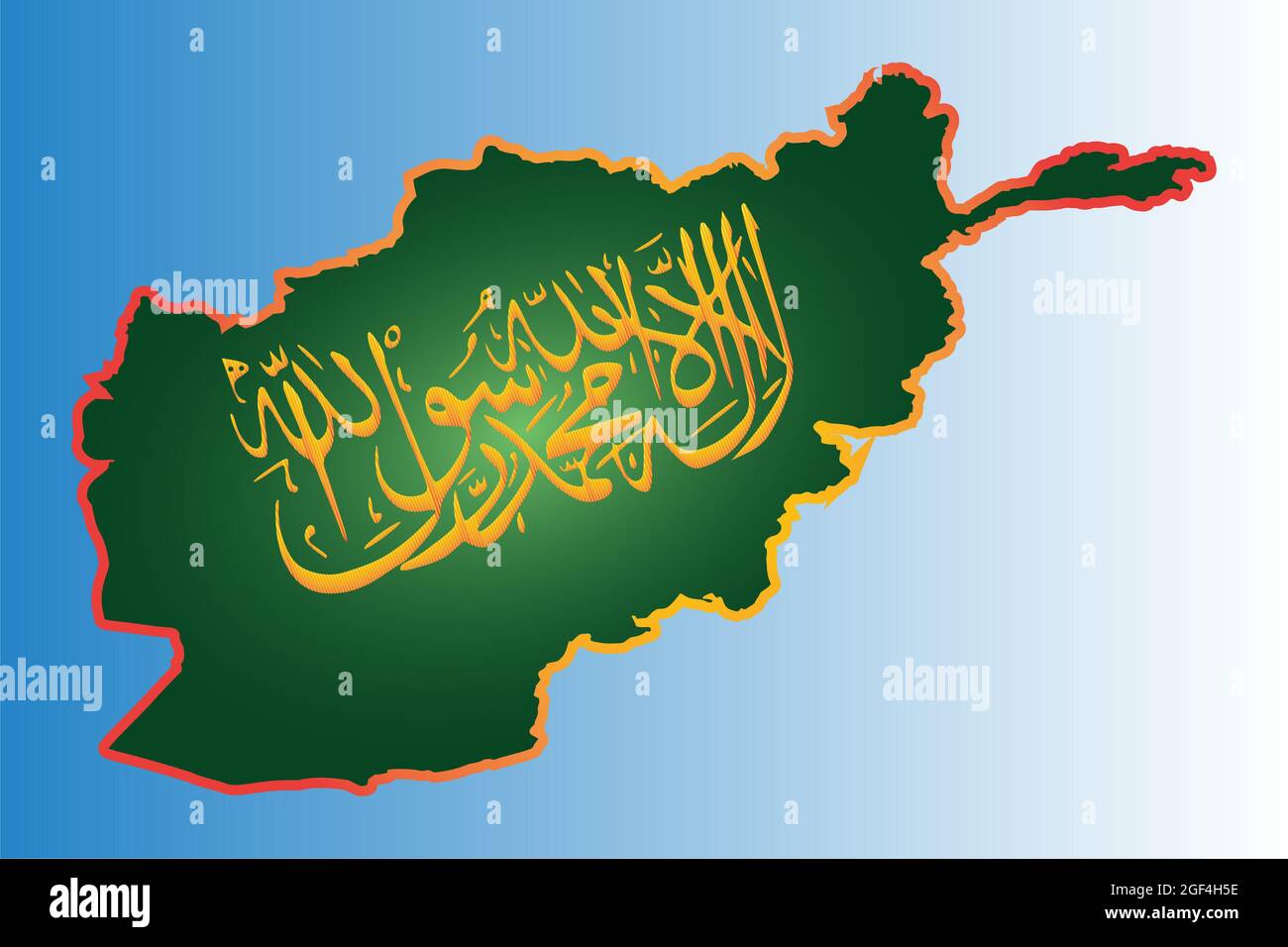 Kalligrafische Schreibweise der Taliban Shahada der Islamischen Republik Afghanistan auf einer Übersichtskarte. Inschrift auf grünem Hintergrund. Stockfoto