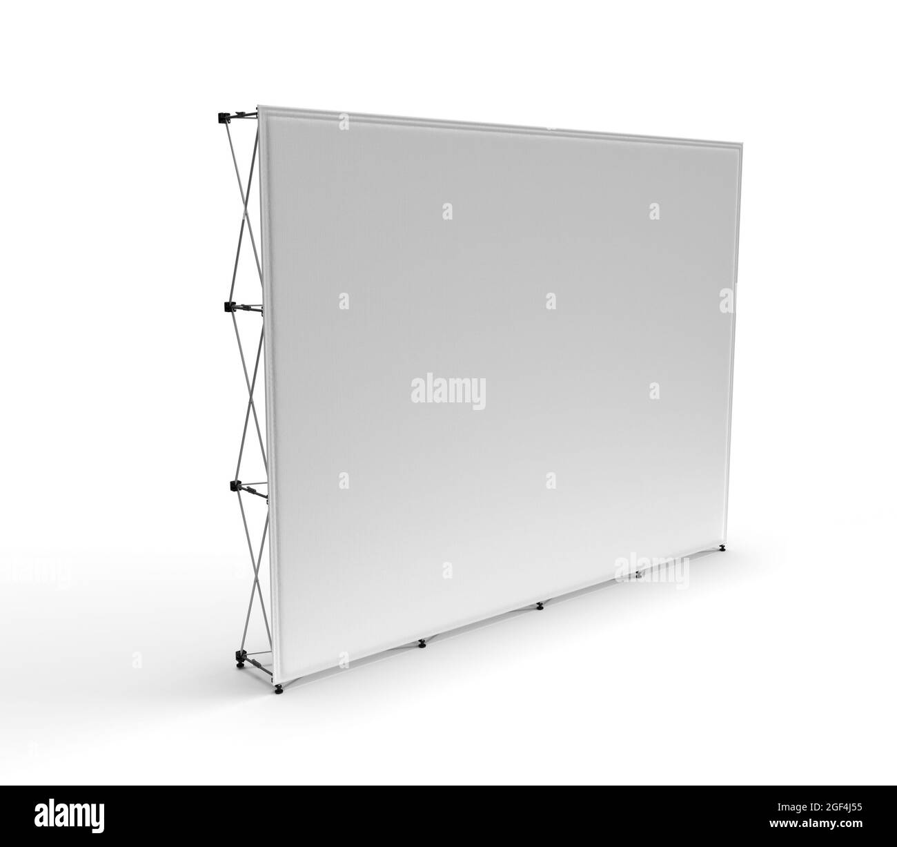 Messestand, Wandbanner, 3D-Rendering-Visualisierung des Ausstellungsprodukts, Werbewand isoliert auf weißem Hintergrund mit Platz für br Stockfoto