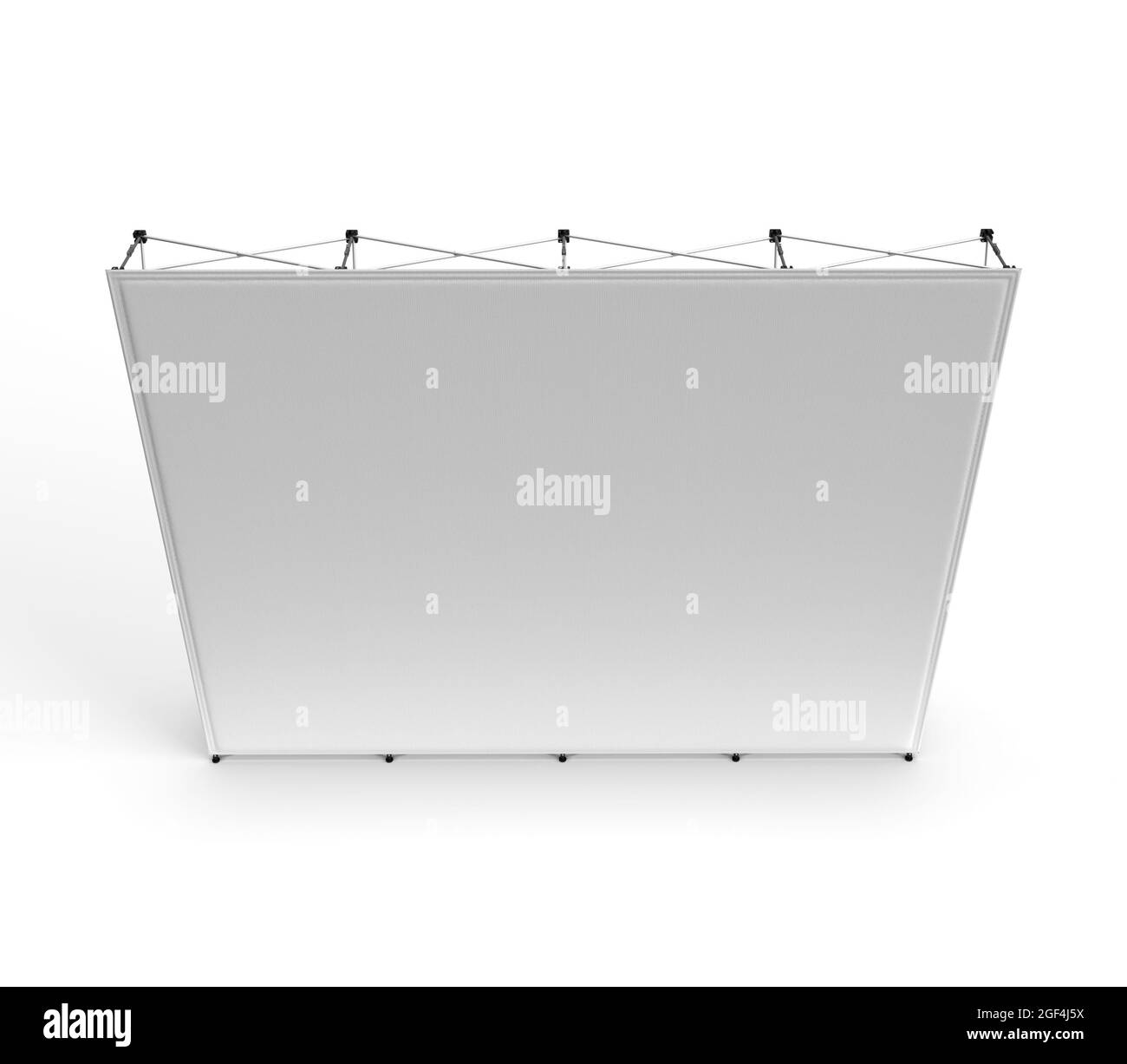 Messestand, Wandbanner, 3D-Rendering-Visualisierung des Ausstellungsprodukts, Werbewand isoliert auf weißem Hintergrund mit Platz für br Stockfoto