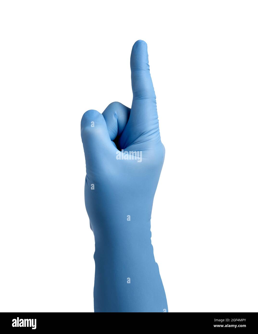 Latexhandschuh Hand zeigen Finger Schutz Virus medizinische Gesundheit Hygiene Stockfoto