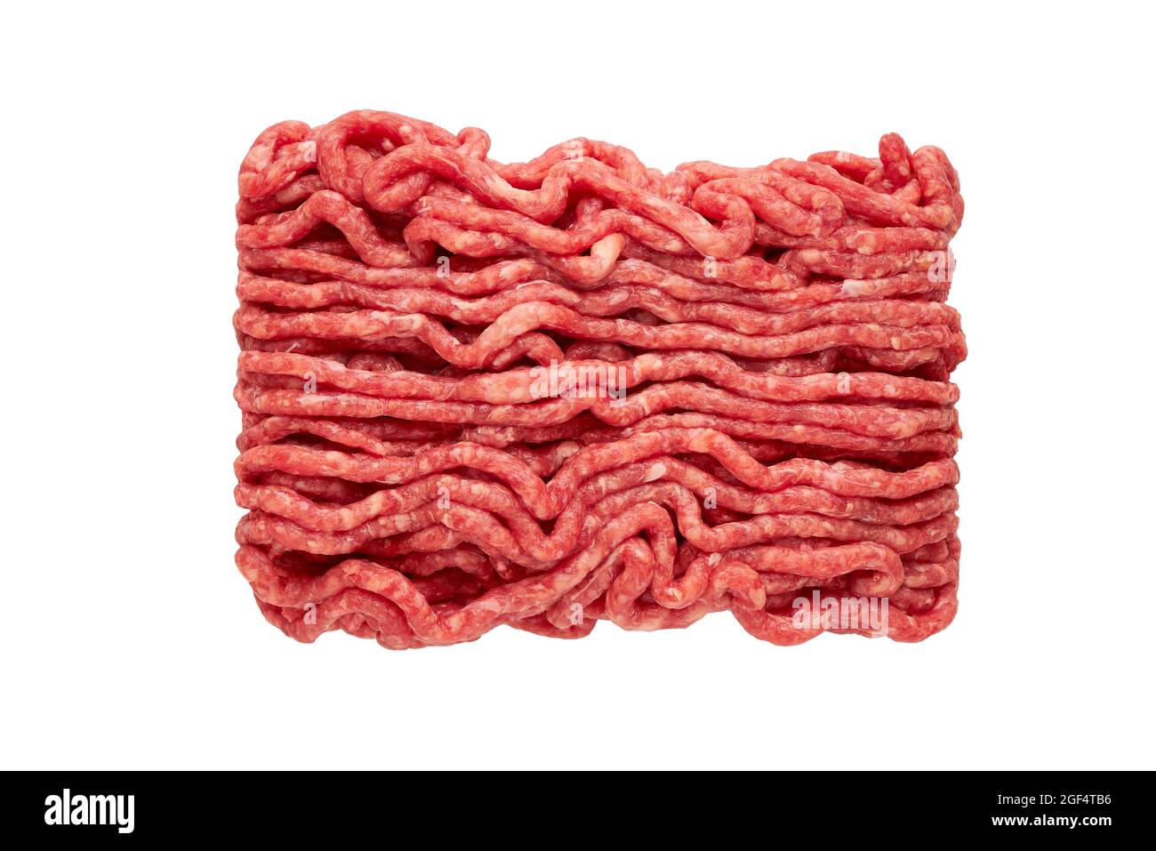 Rohes Hackfleisch, Hackfleisch oder Hackfleisch auf weißem Hintergrund isoliert. Draufsicht Stockfoto