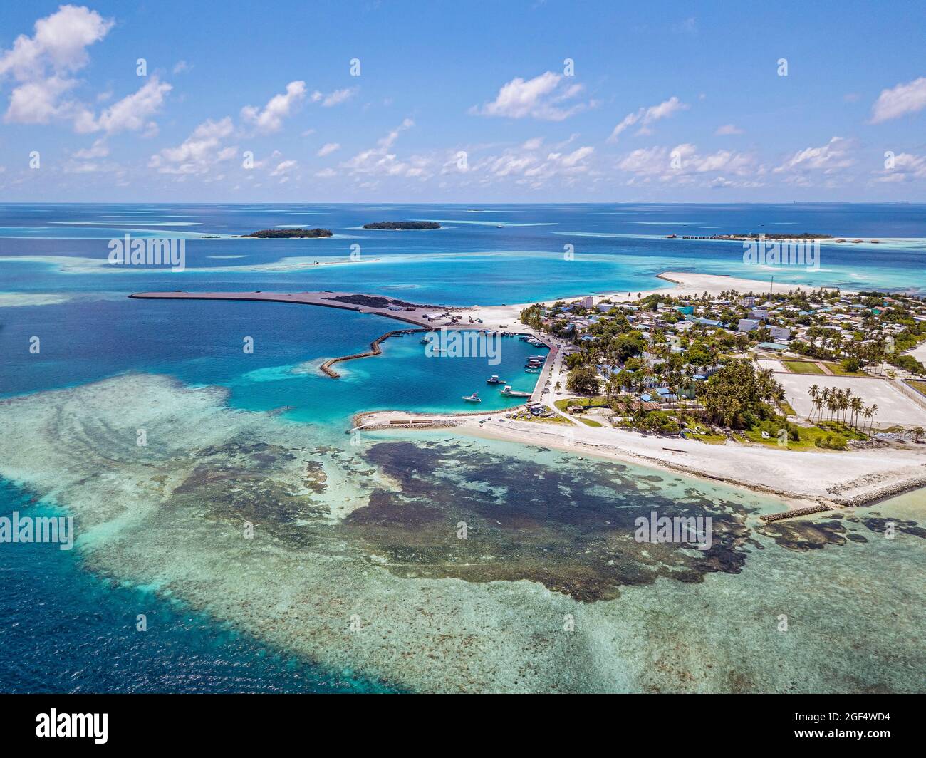 Malediven, Kaafu Atoll, Luftansicht der kleinen Resortinsel im Süd Male Atoll Stockfoto