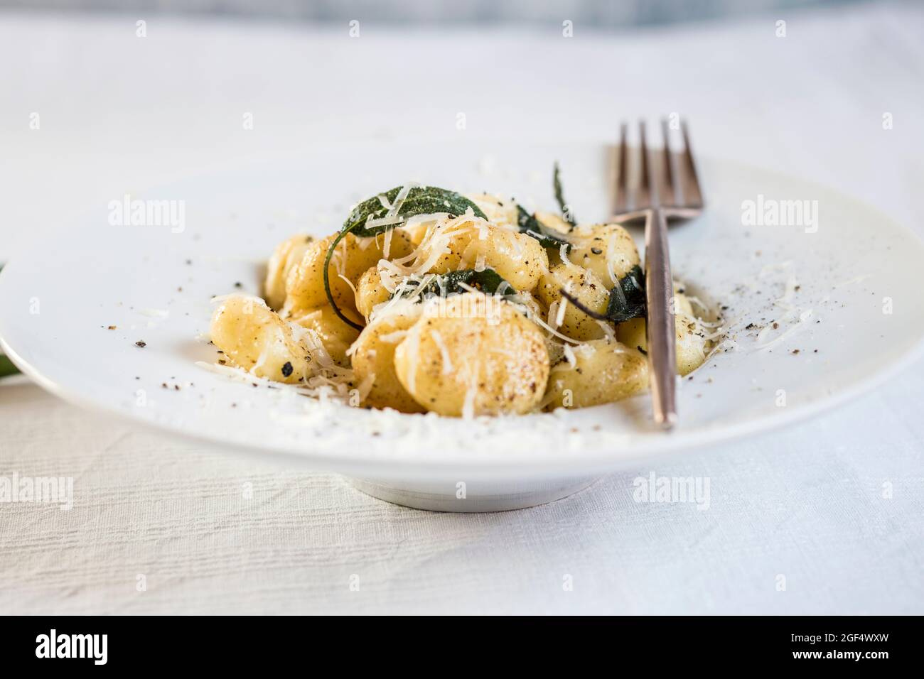 Teller mit verzehrfertigen italienischen Gnocchi-Knödeln mit geriebenem Parmesan-Käse Stockfoto