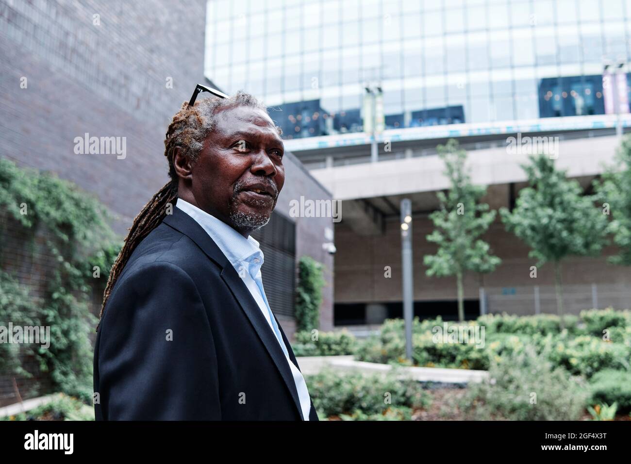 Älterer männlicher Profi, der auf den formellen Garten schaut Stockfoto