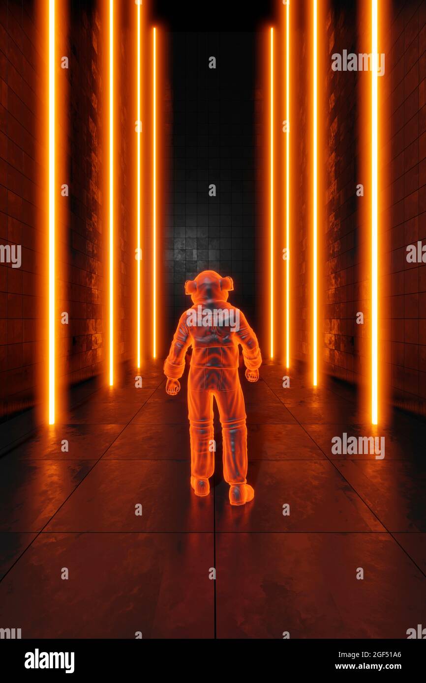 Dreidimensionale Darstellung eines einfarbigen Astronauten, der inmitten eines geheimnisvollen Korridors mit orangefarbenen Neonlichtern stand Stockfoto