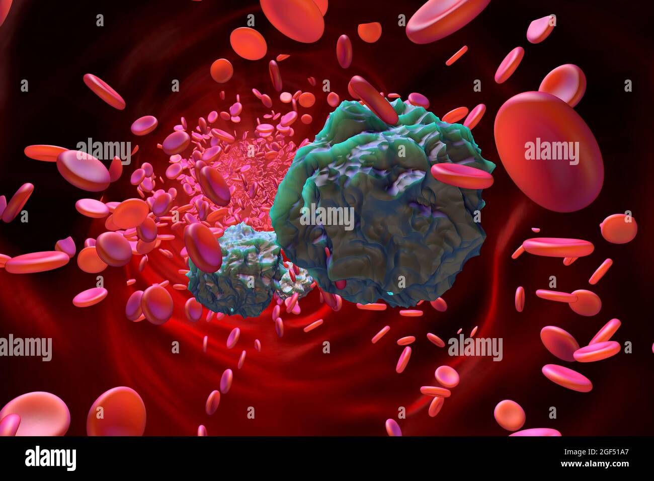 Dreidimensionales Rendern von Leukämiezellen im Blutstrom Stockfoto