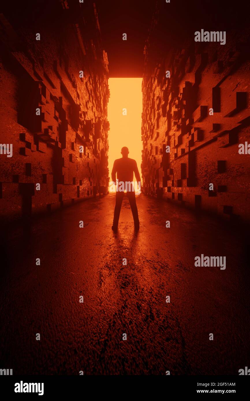 Dreidimensionale Darstellung eines Menschen, der vor dem Tor steht und am Ende des geheimnisvollen Korridors leuchtet Stockfoto