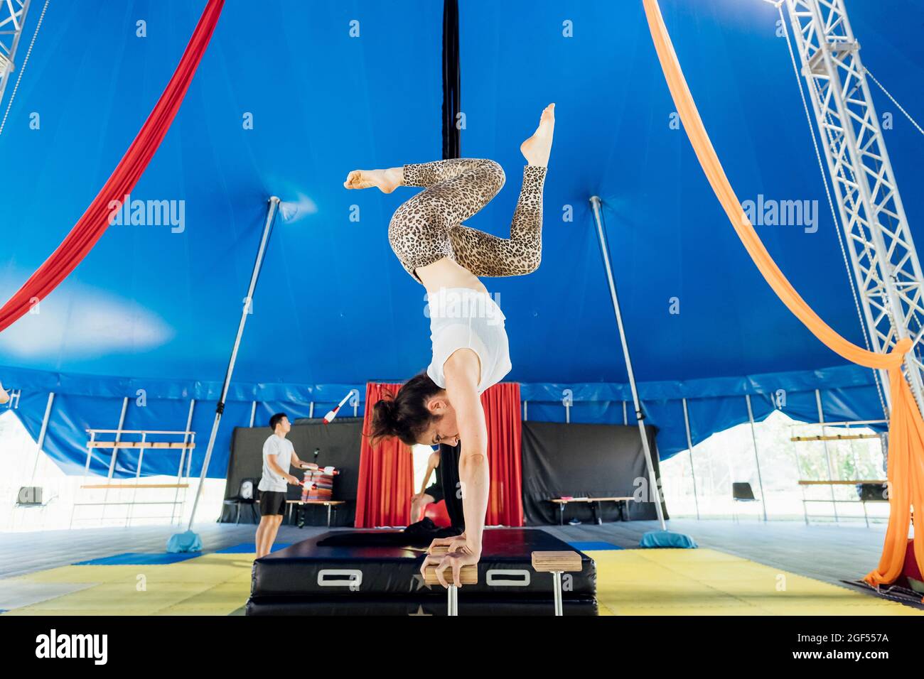 akrobatin macht Handstand auf Stock im Zirkuszelt Stockfoto