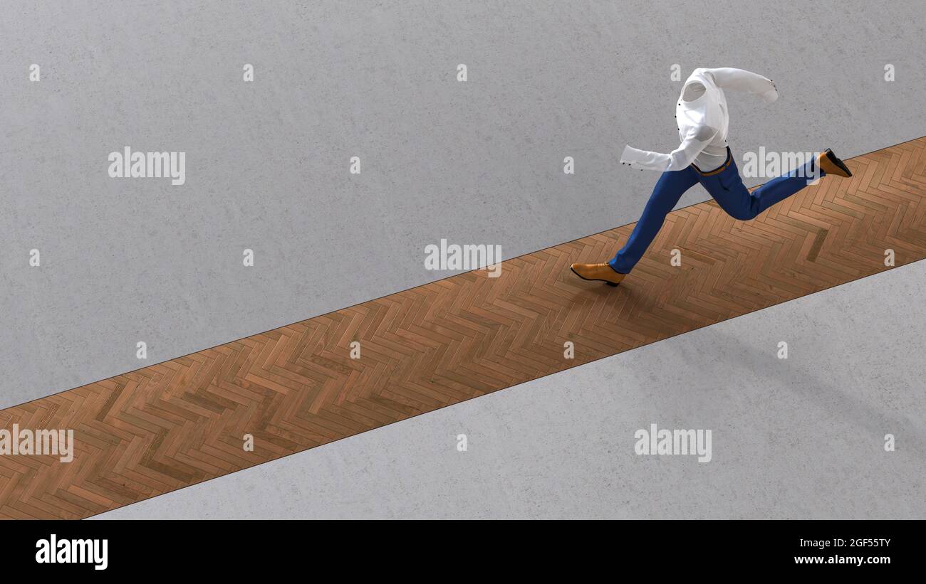 Dreidimensionale Darstellung einer unsichtbaren Person, die auf einem Holzpfad läuft Stockfoto