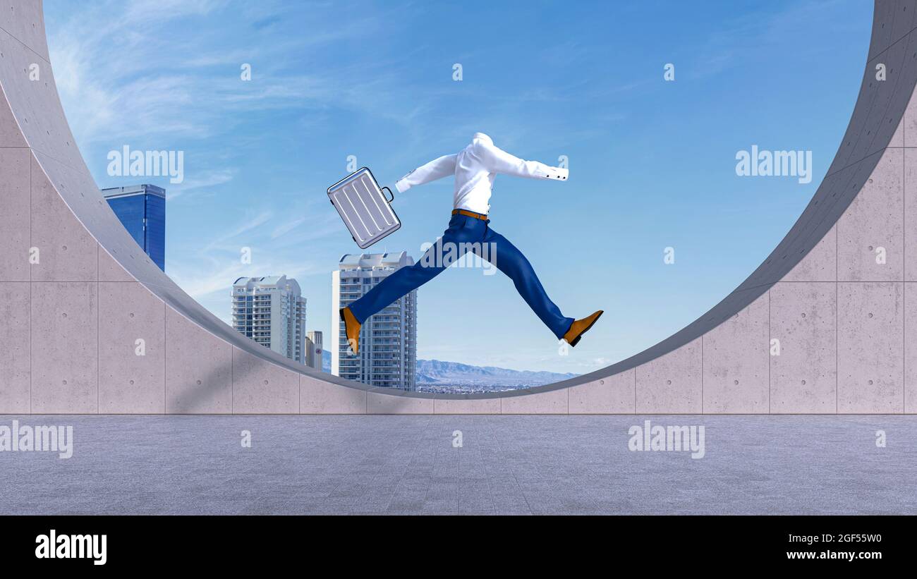 Dreidimensionale Darstellung einer unsichtbaren Person, die mit einem Koffer in der Hand auf das Dach springt Stockfoto