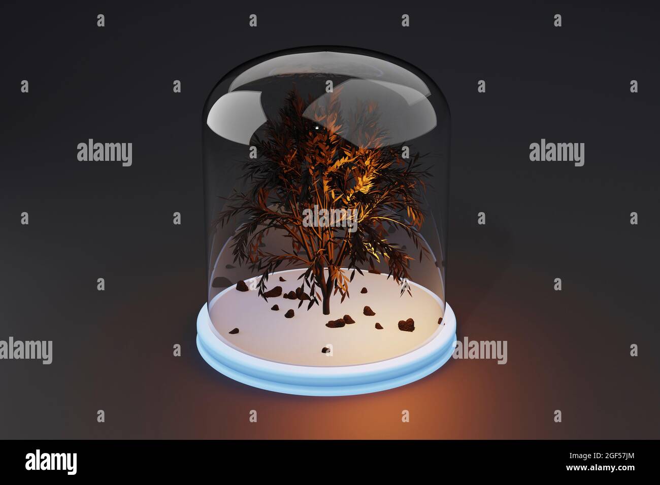 Dreidimensionales Rendern des Vitrenglases mit sterbendem Baum Stockfoto