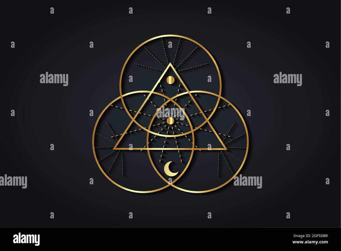 Heilige goldene Geometrie, Dreieck-Logo und überlappende Kreise, Triquetra Trinity Knot-Symbol, Dreifache Göttin, Lichtstrahlen. Wicca-Schild, Buch der Schatten Stock Vektor