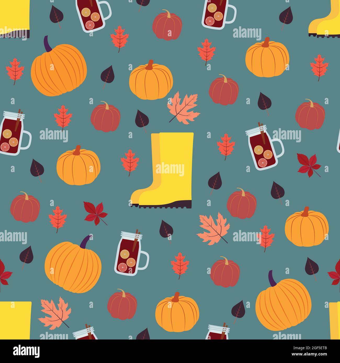 Herbst Symbole nahtlose Muster. Vektor-Illustration im flachen Design Kürbisse, bunte Blätter, Glühwein und gelbe Stiefel auf blauem Hintergrund Stock Vektor