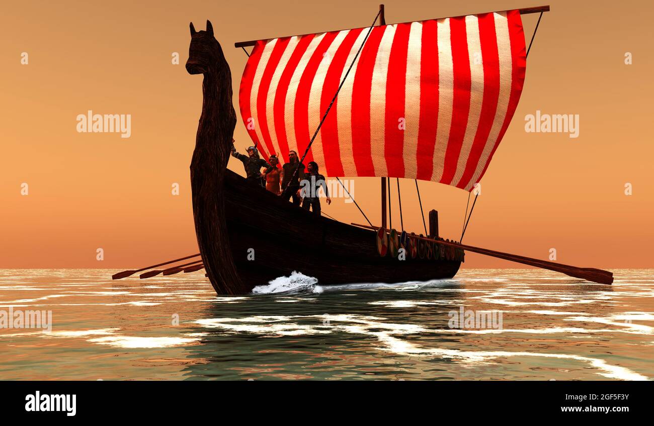 Viking Men and Longship - Wikingermänner versammeln sich am Bug ihres segelnden Longboots, um auf einer Reise nach Land zu schauen. Stockfoto