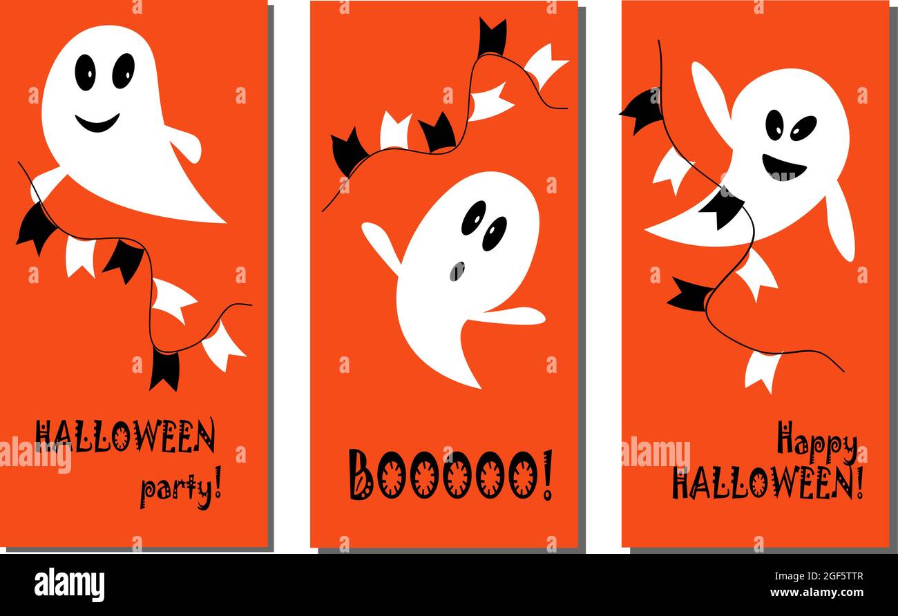 Set von Postkarten-Vorlagen mit lustigen Geistern. Frohe Halloween. Vektorgrafik Stock Vektor