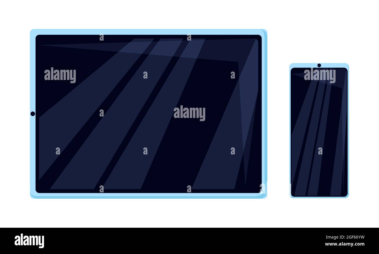 Mobile Geräte in weißem Hintergrund isoliert. Set mit Frontansicht von Tablet und Smartphone. Flache Vektorgrafik Stock Vektor
