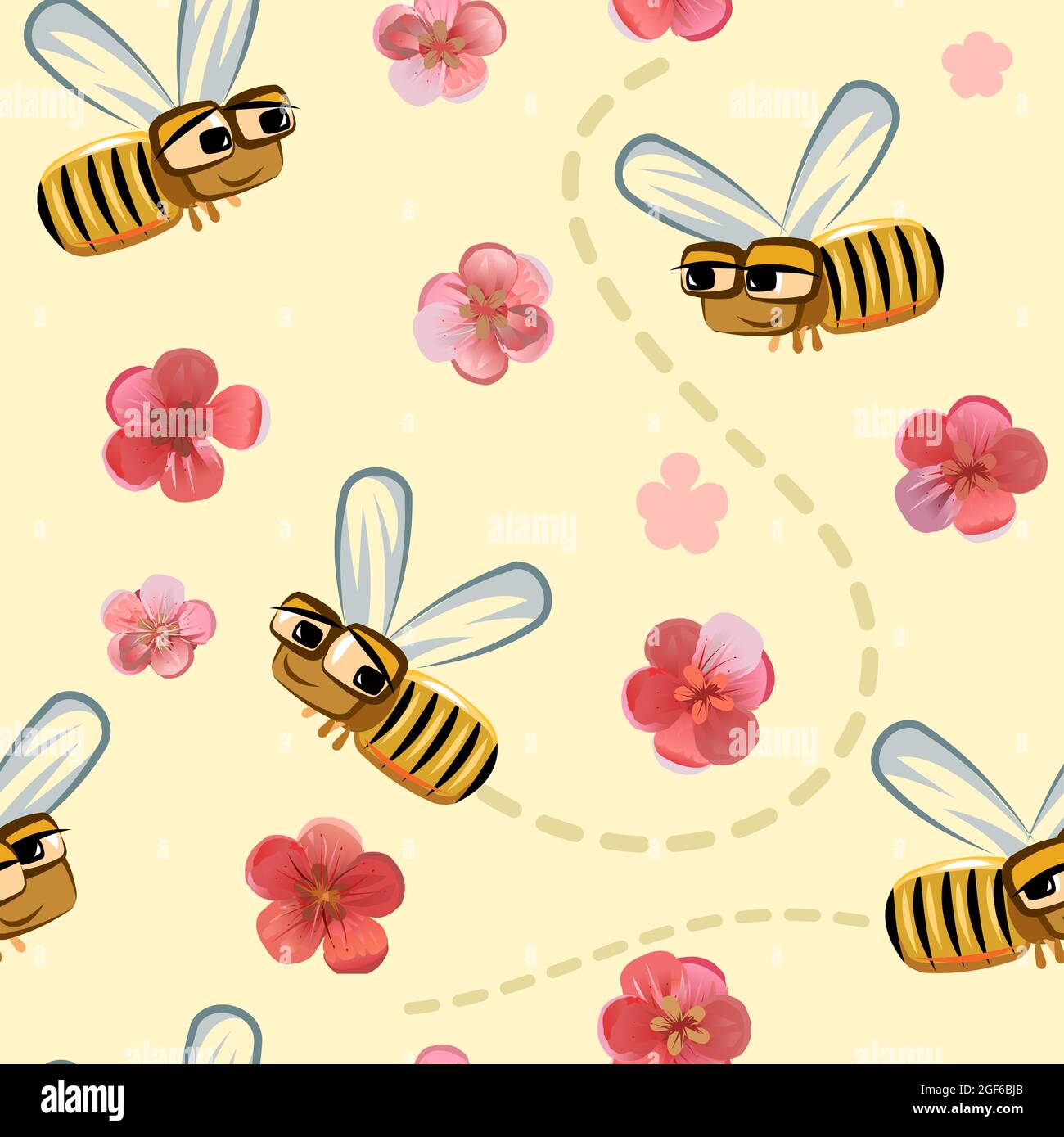 Lustige Cartoon Bienen fliegen zwischen rosa und roten Blumen. Sammelt Pollen, um Honig zu machen. Nahtloses Muster. Natürliche Landschaft mit Insekten. Vektor. Stock Vektor