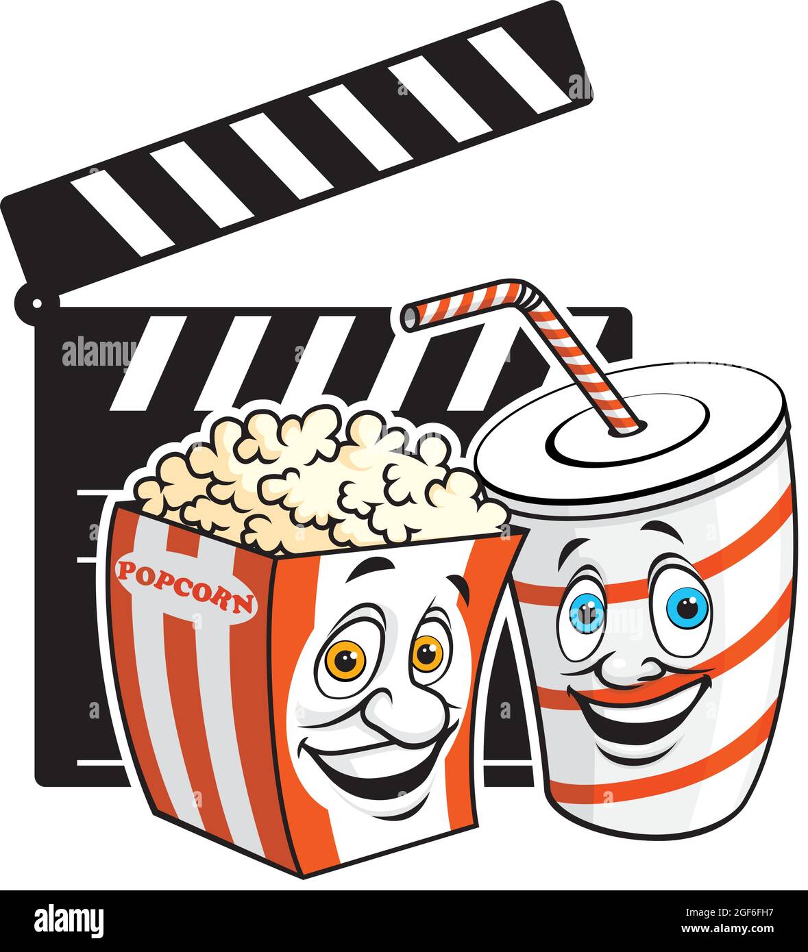 Vektor-Illustration Popcorn und trinken Maskottchen auf Filmschiefer Stock Vektor