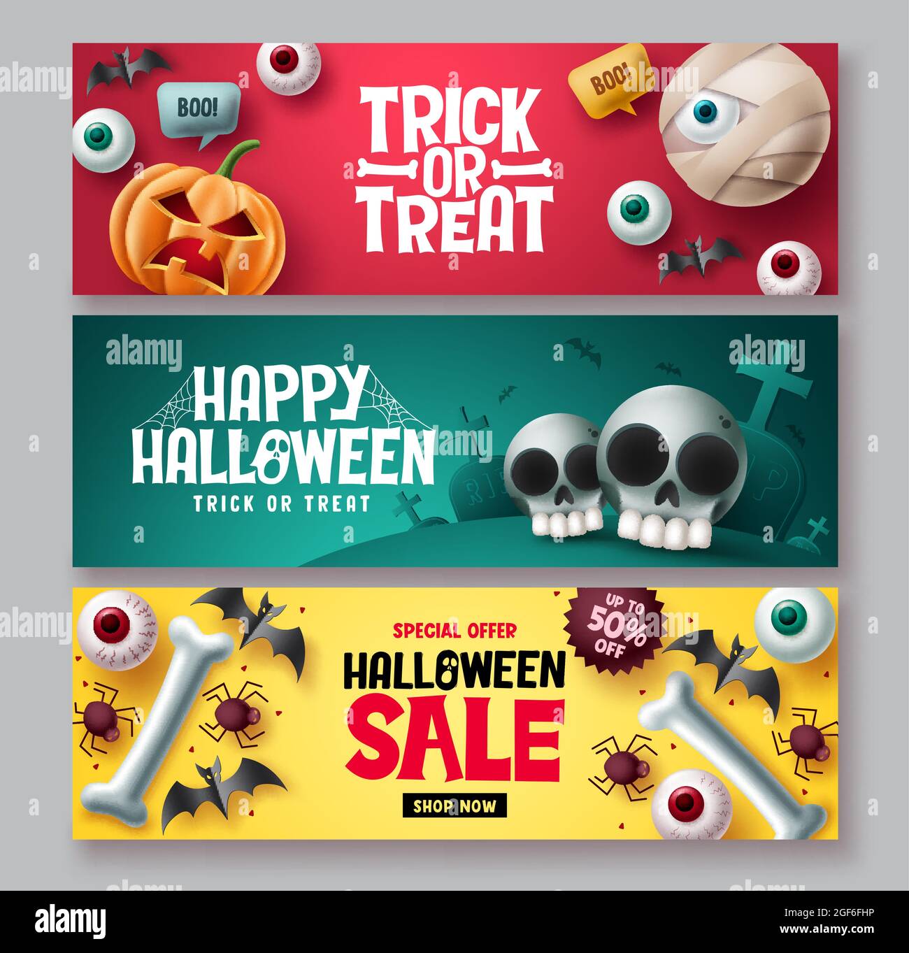 Halloween Verkauf Vektor Banner Set. Halloween Trick or Treat Rabatt Preisangebot mit niedlichen und beängstigenden Emoji-Charakter für Flyer Promotion-Anzeigen. Vektor Stock Vektor