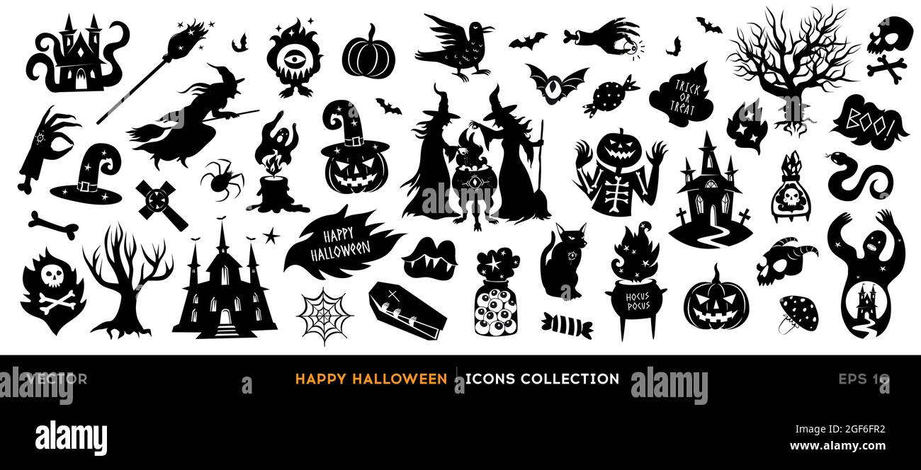 Set mit halloween-Silhouetten. Sammlung von Vektor-halloween-Symbol und Charakter isoliert auf einem weißen Hintergrund. Stock Vektor