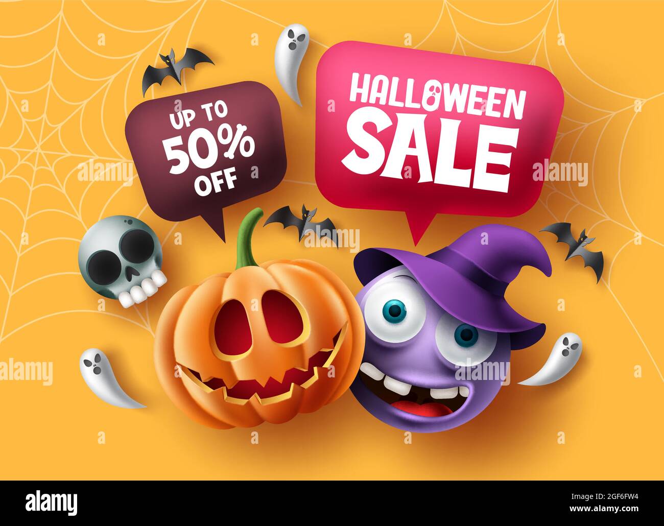 Halloween Verkauf Vektor Banner Design. Halloween 50% Rabatt Text in Sprechblase Elemente mit Kürbis und Hexe niedlichen Charakter Emoji für Anzeigen BAC Stock Vektor