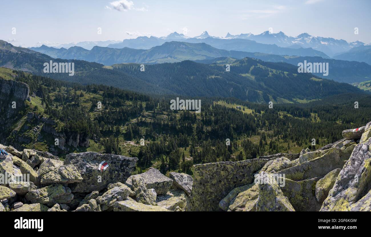 Blick vom Trogenhorn über Seefeld, Habkern, Brienzer Grat und die Berner Alpen Stockfoto