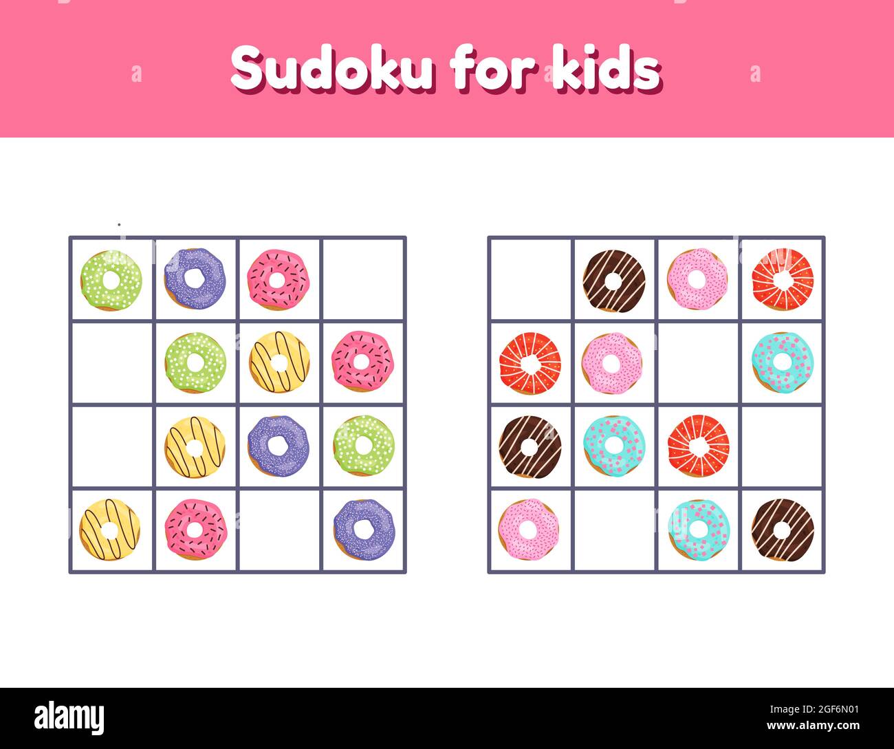 Vektorgrafik. Sudoku für Kinder mit Bildern. Logikrebus für Vorschulkinder und Schulkinder. Lernspiel. Donuts. Stock Vektor