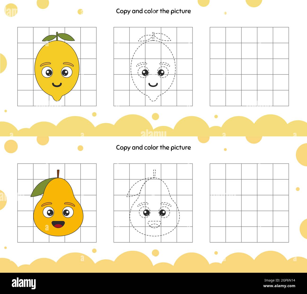 Pädagogisches Spiel für die Aufmerksamkeit für Kinder des Kindergartens und des Vorschulalters. Wiederholen Sie die Abbildung. Kopieren und färben Sie das Bild. Früchte. Birne und l Stock Vektor