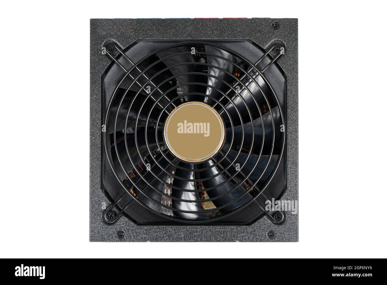 Netzgerät des Computers aus der Draufsicht auf weißem Hintergrund isoliert. Hardware-Ausrüstung. Stockfoto
