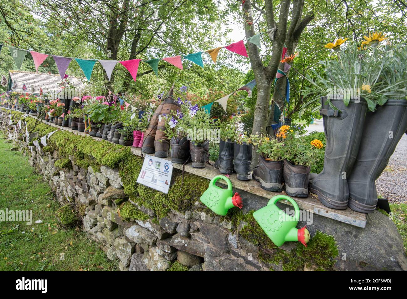 Pflanzen, die in alten Stiefeln angebaut und von Mitgliedern des Gerste Women's Institute im Gerste Village, Forest of Bowland, Lancashire, erschaffen wurden Stockfoto