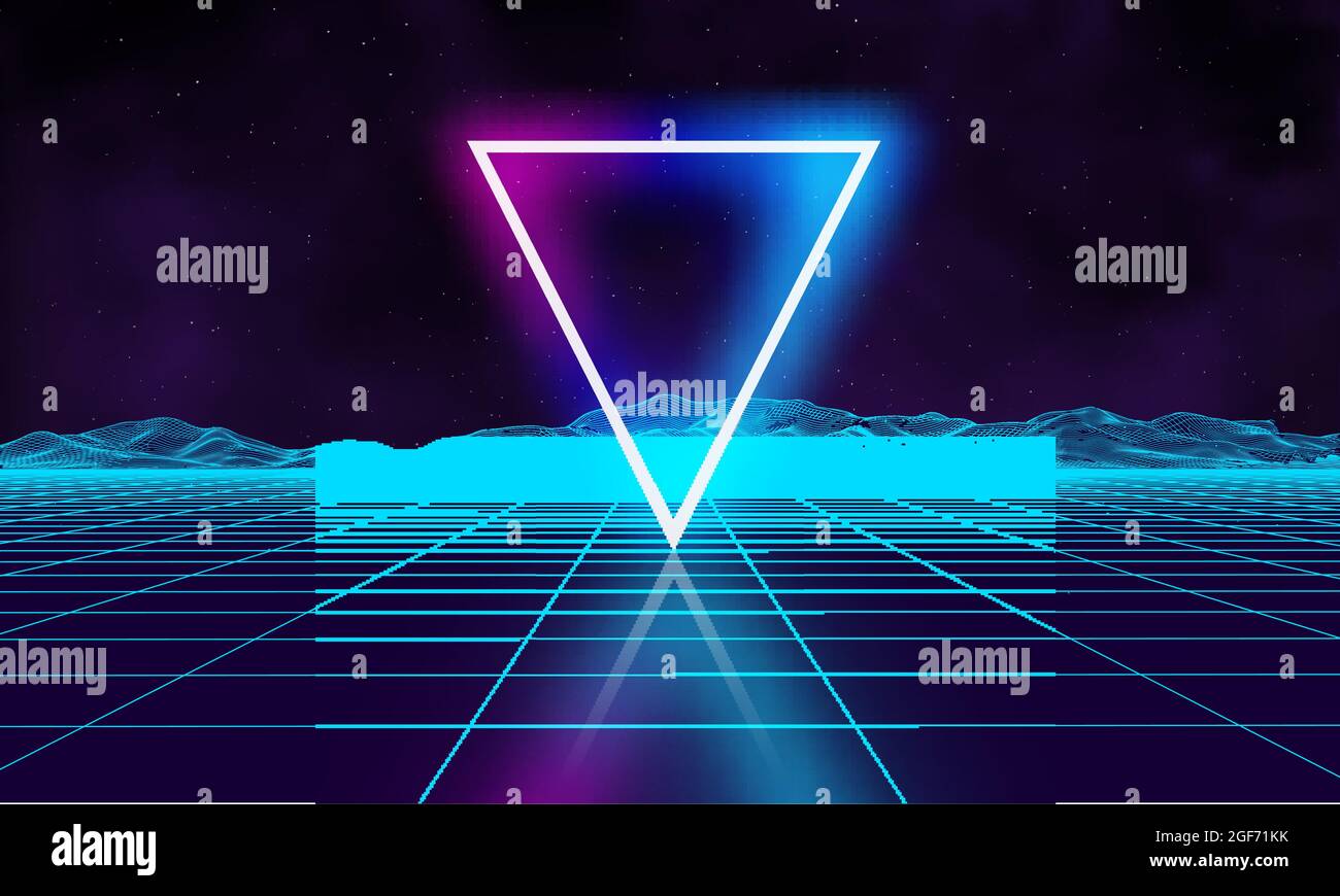 Futuristischer Hintergrund für das Spiel im Retro. Music 3d Dance Galaxy Poster. 80er Jahre Hintergrunddisco. Neon-Dreieck Synthwave digitale Drahtmodelllandschaft mit Stock Vektor