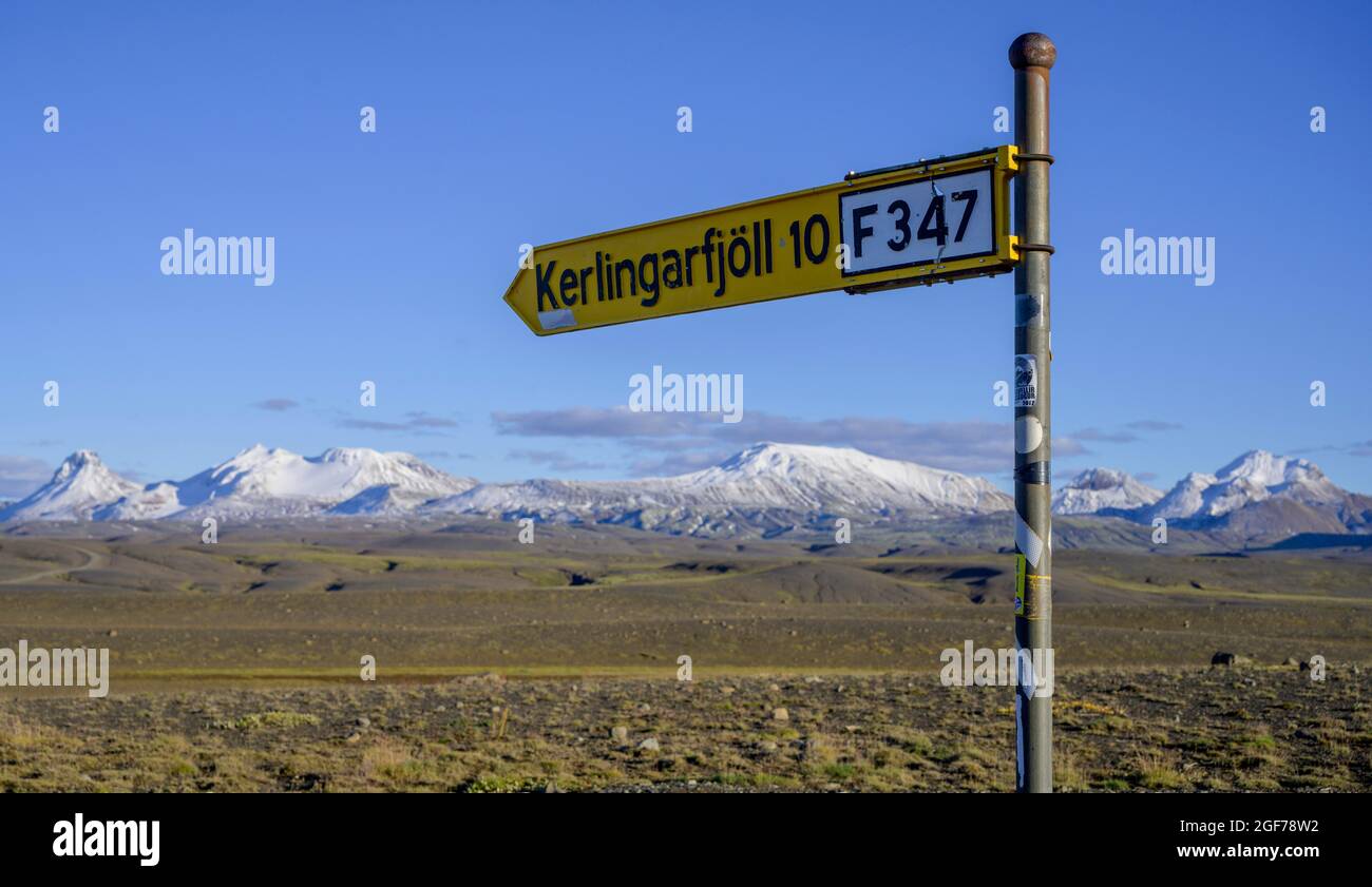 Straßenschild an der Abbiegung von F35 nach, Kerlingarfjoell, Suourland, Island Stockfoto