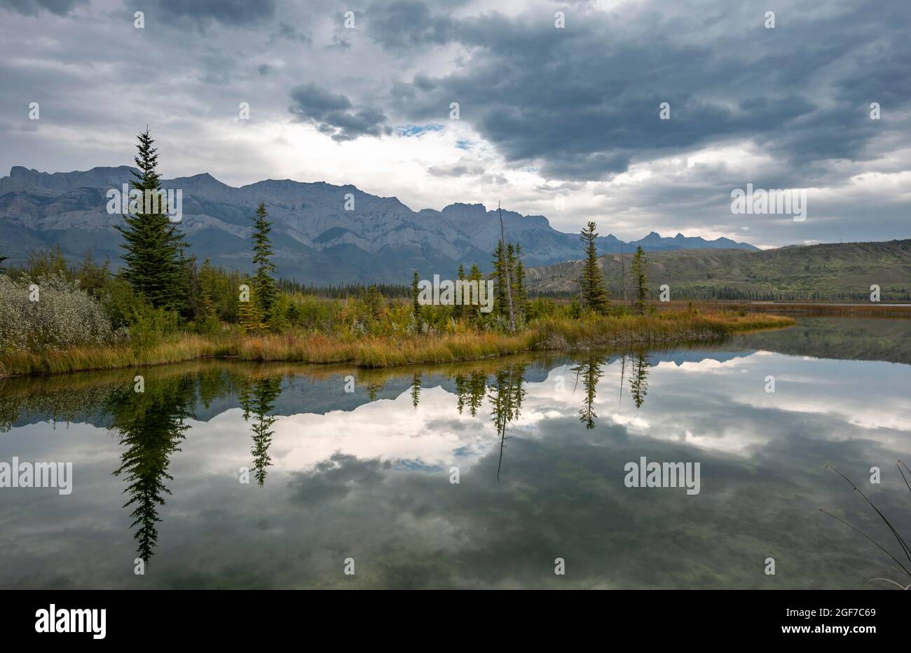 Hügelige Landschaft, Bäume und Berge spiegeln sich in einem See, im Herbst Talbot Lake, Jasper National Park, British Columbia, Kanada Stockfoto