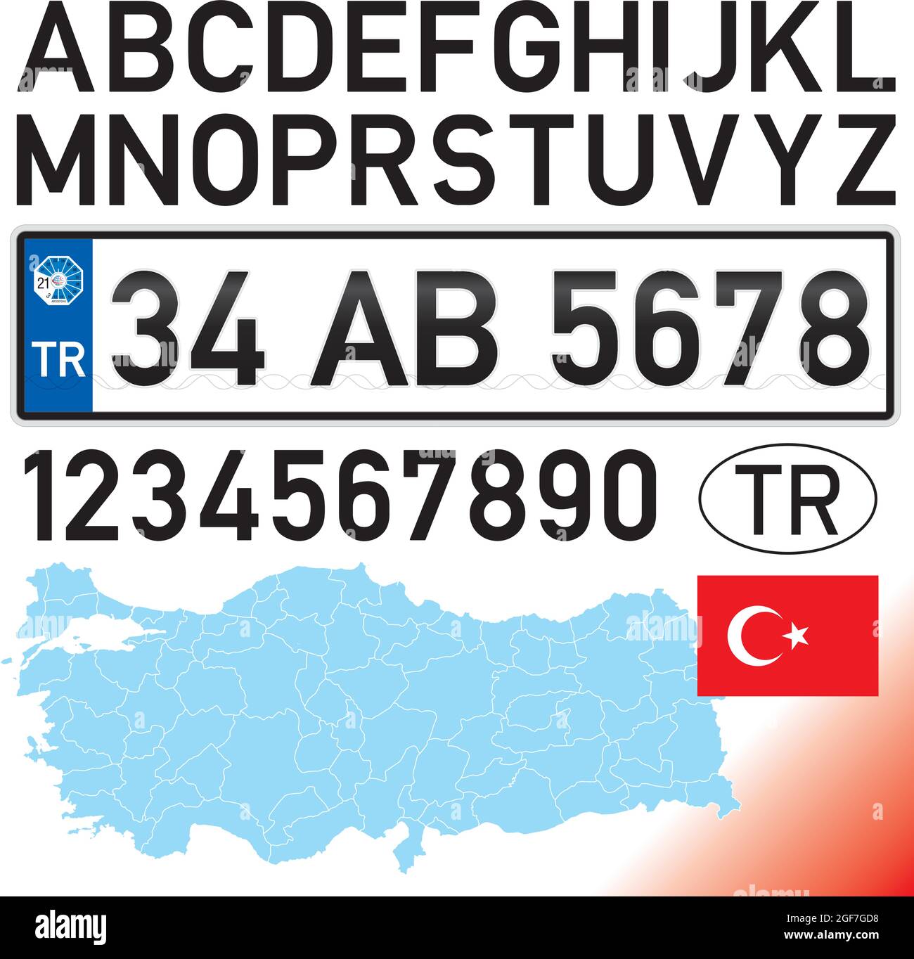 Türkei Kfz-Kennzeichen, Buchstaben, Zahlen und Symbole, europäische und  asiatische Land, Vektor-Illustration Stock-Vektorgrafik - Alamy