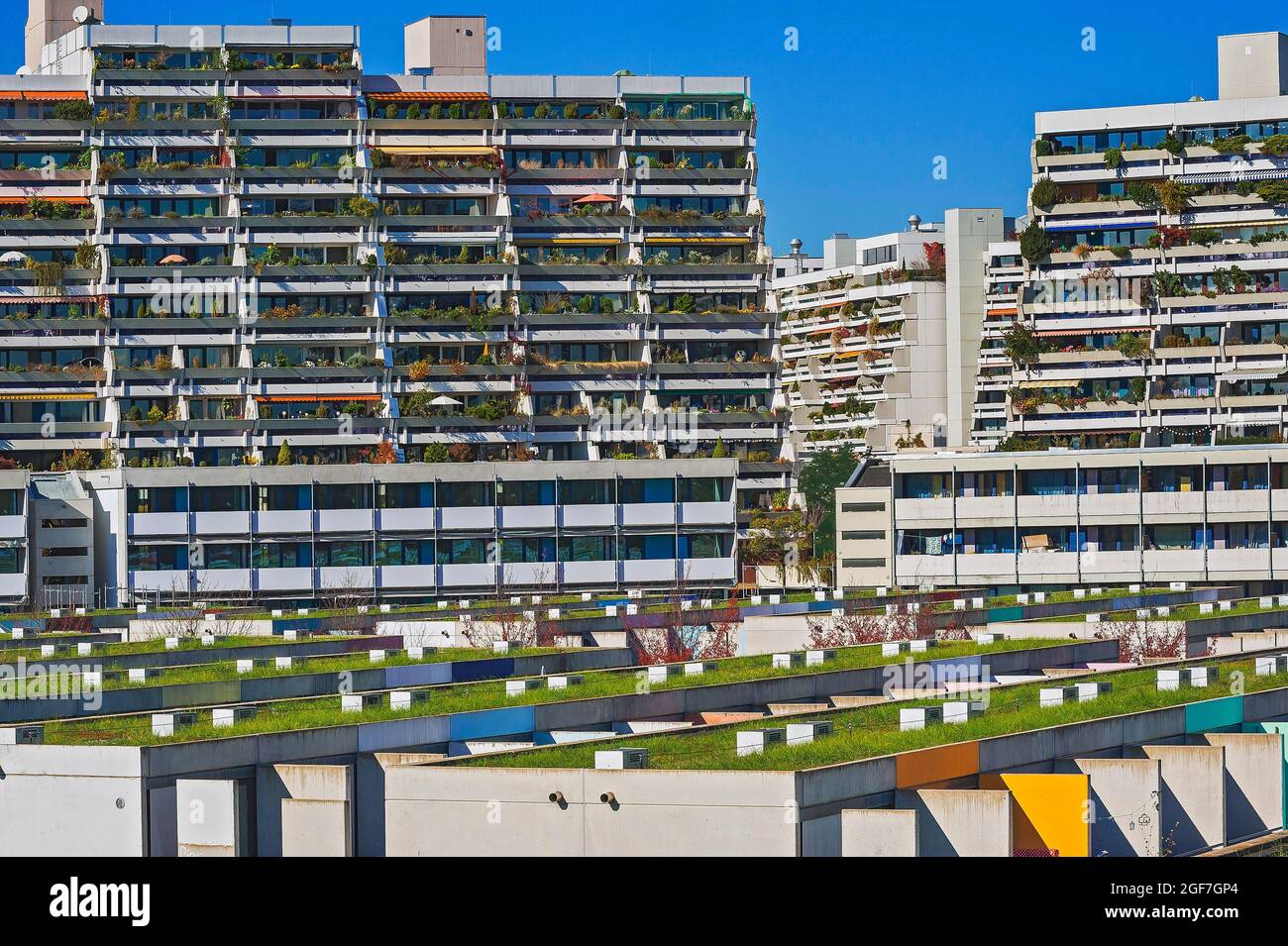 Grüne Dächer und Betonbalkone im Olympischen Dorf, München, Oberbayern, Bayern, Deutschland Stockfoto