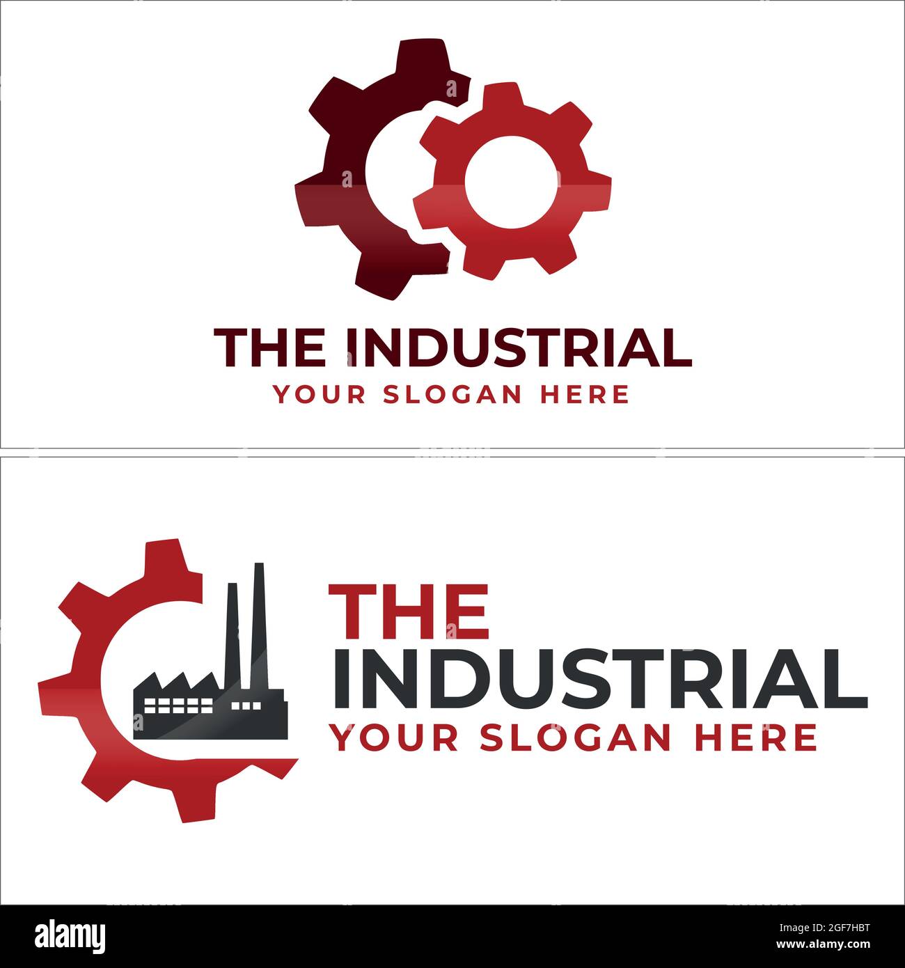 Industrie mit Getriebe und Fabrikgebäude Logo Design Stock Vektor