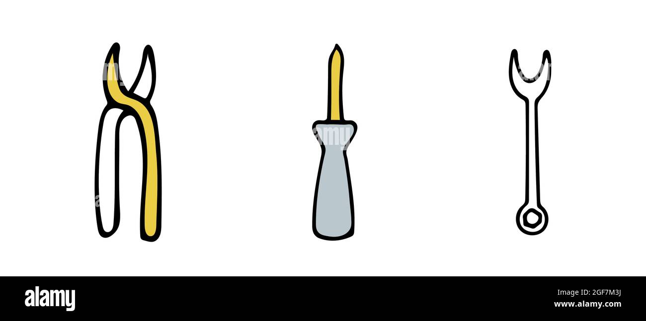 Vektor-Illustration von Werkzeugen für die Reparatur im Doodle-Stil. Gelb und grau. Vektorgrafik. Stock Vektor