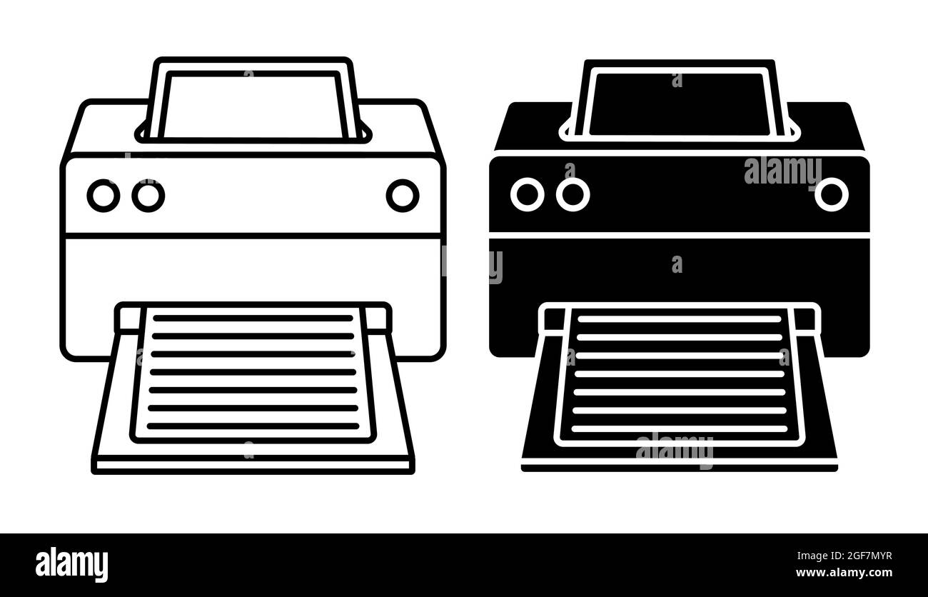 Lineares Symbol. Perspektivische Vorderansicht des Tintenstrahldruckers. Drucken von Dokumenten im Büro mit Kopierern. Einfacher Schwarz-Weiß-Vektor auf weißem Hintergrund Stock Vektor