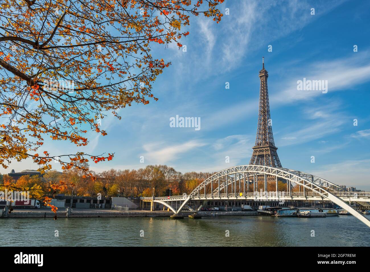 Paris Frankreich, Skyline der Stadt am Eiffelturm und der seine Debilly Footbridge mit Herbstlaub Stockfoto