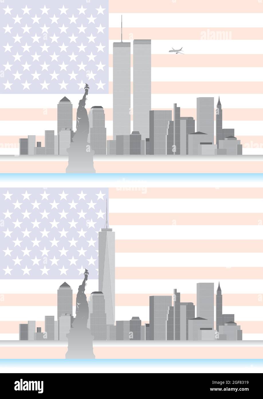WTC, altes und neues World Trade Center, New York, Vereinigte Staaten von Amerika, Skyline vor und nach 9/11, Vektorgrafik Stock Vektor
