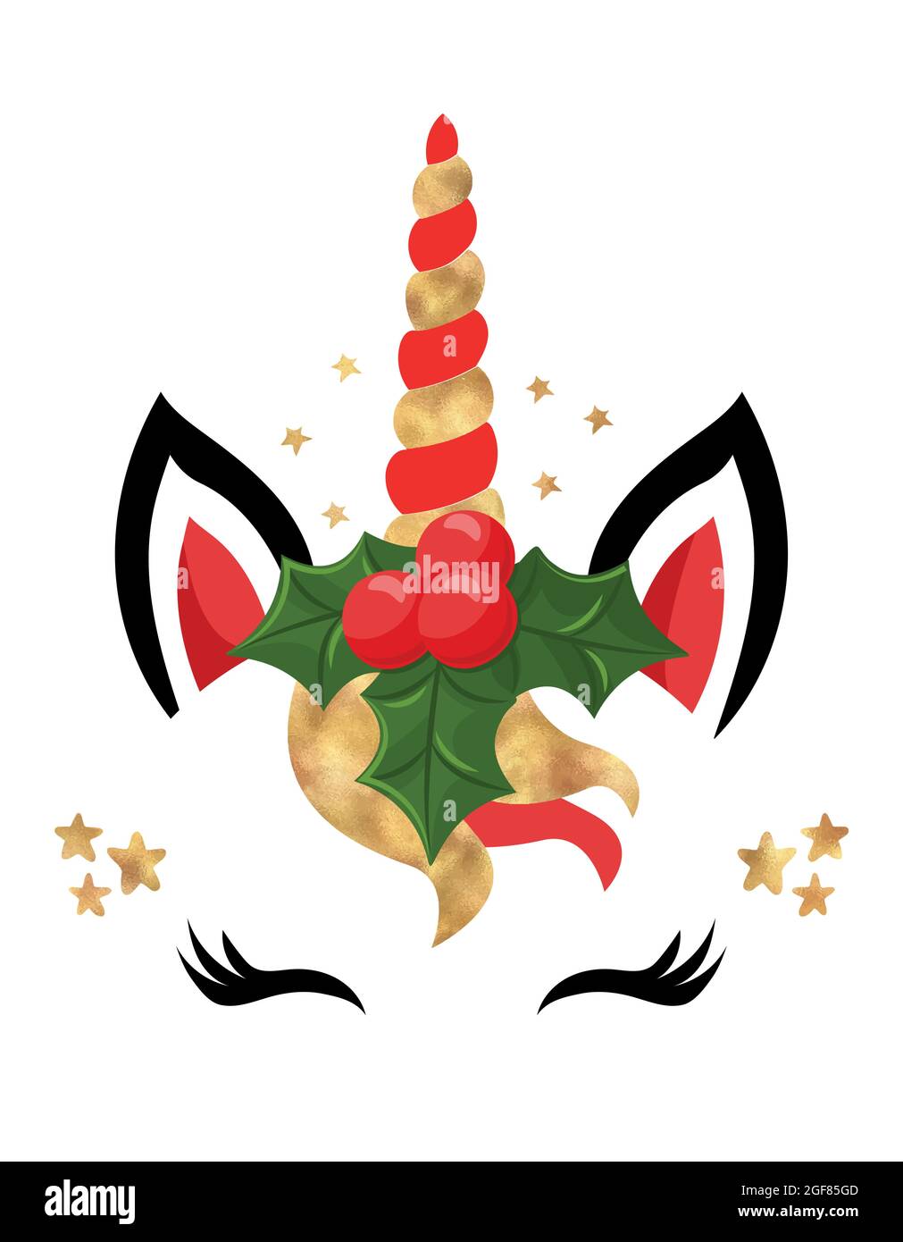 Einhorn Kopf mit Holly Stirnband Kranz, Einhorn Kopf mit Blumenkrone, golden glitzerndes Gesicht. Vektor-Illustration für Karten- und Hemddesign für Wint Stock Vektor