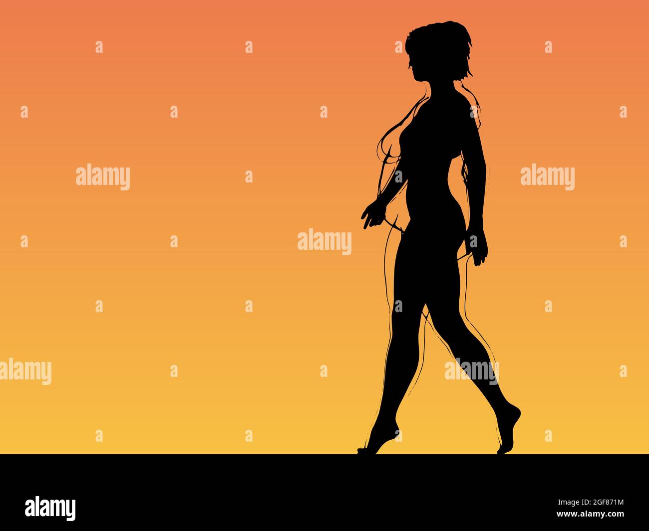 Conceptual Fat Übergewicht fettleibig weiblich vs schlank fit gesunden Körper nach der Gewichtsabnahme oder Ernährung mit Muskeln dünn junge Frau über Sonnenuntergang. Stockfoto