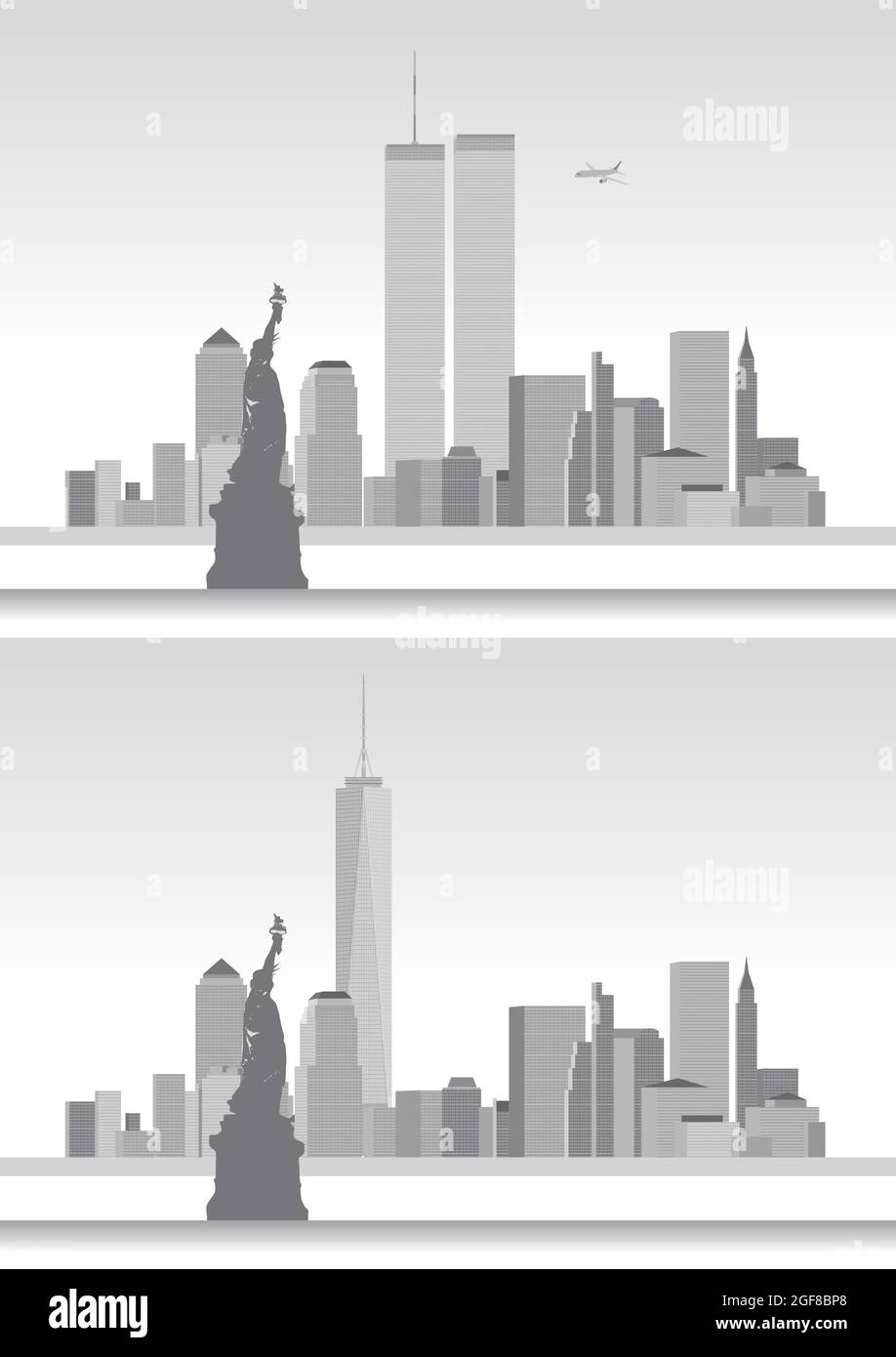 Altes und neues World Trade Center, New York, Vereinigte Staaten von Amerika, Skyline vor und nach 9/11, Vektorgrafik Stock Vektor
