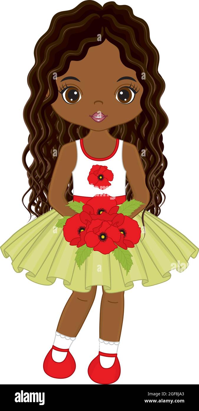 Schöne nette afrikanisch amerikanische Mädchen Holding Bouquet von roten Mohnblumen. Vektor Black Girl mit Mohnblumen Stock Vektor