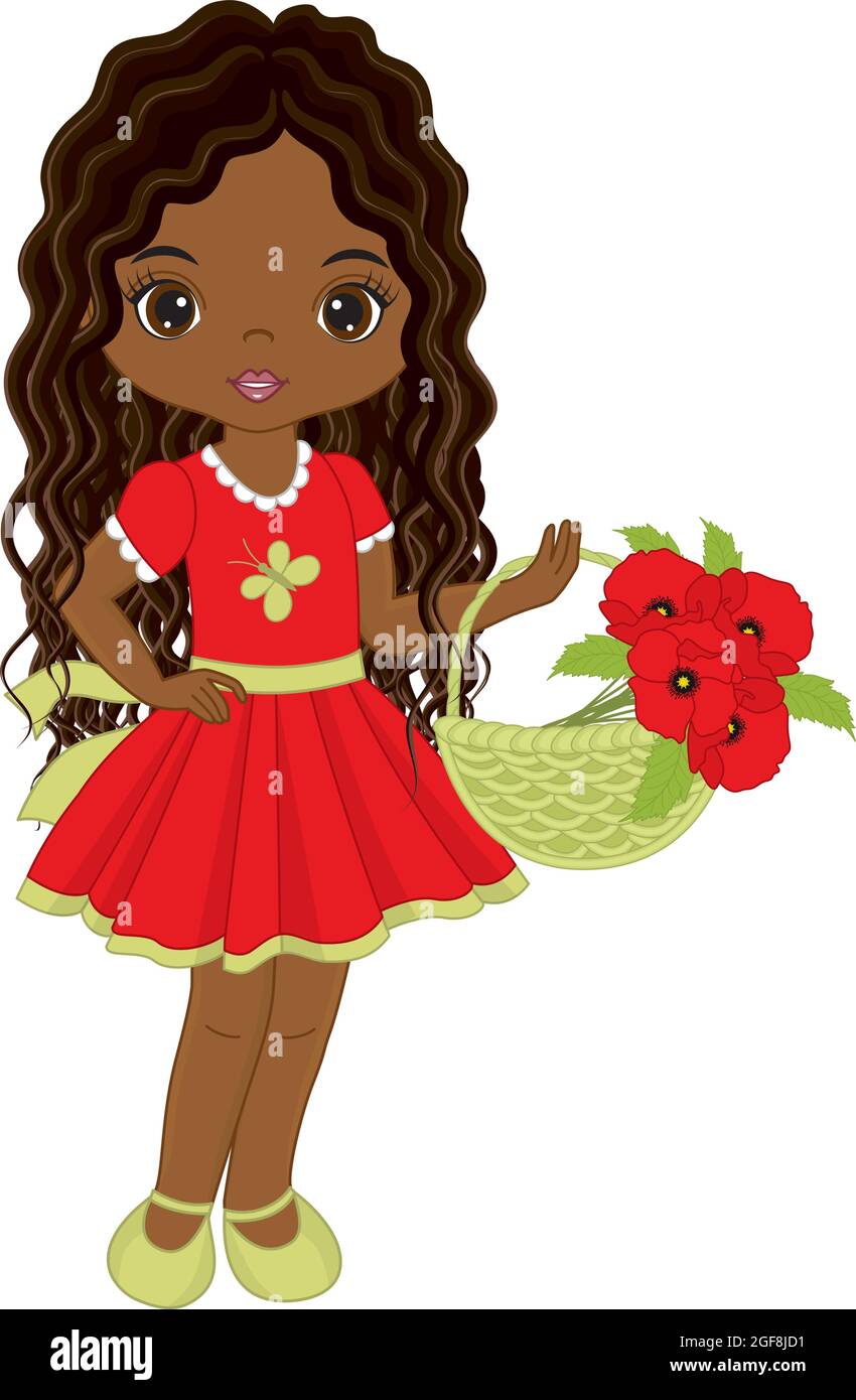 Hübsch hübsch niedlich afrikanisch amerikanisch Mädchen Holding Korb von roten Mohnblumen. Vektor Black Girl mit Mohnblumen Stock Vektor