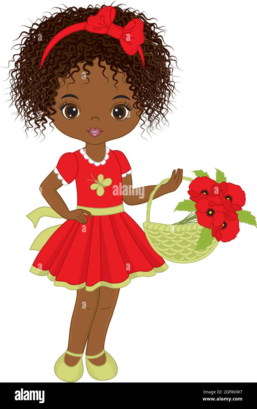 Hübsch hübsch niedlich afrikanisch amerikanisch Mädchen Holding Korb von roten Mohnblumen. Vektor Black Girl mit Mohnblumen Stock Vektor